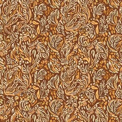 Earthy Ochre Ikat Paisley Floral Seamless Pattern with Organic Swirls