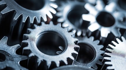 mechanism. Metallic gear mechanism concept with clean lines and soft lighting against a minimal grey background. product launch decks.