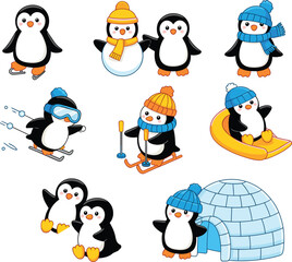 Cartoon penguins winter activities, skiing penguin illustration, snowman with penguin, igloo scene, snow tubing penguin, cute penguin characters, holiday season, playful winter sports, festive