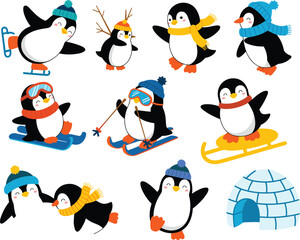 Cartoon penguins winter activities, cute penguin ice skating, skiing, sledding, snow play, igloo illustration, holiday season, festive characters, children design, Christmas theme