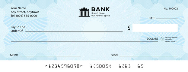 Empty money cheque. Bank check. check book template with pattern and blank fields. Currency payment coupon, US dollar check background.	