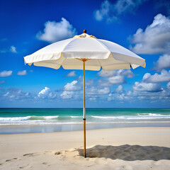 White beach umbrella casting a shadow on a sandy beach with turquoise ocean water and blue sky