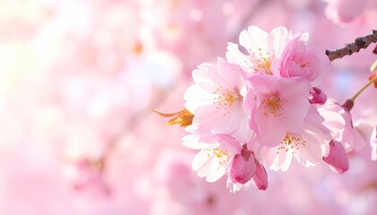Fototapeta premium Delicate Pink Cherry Blossoms in Soft Sunlight with Bokeh Background and Brown Branches Romantic Springtime Floral Close Up Shallow Depth of Field