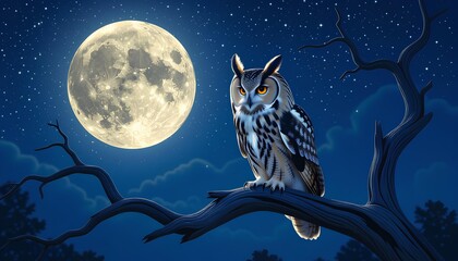 "A majestic owl perched on an old tree branch under the moonlight, a symbol of wisdom and freedom, a starry night sky, a soft mystical glow, a peaceful year..."