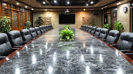 A long conference table dominates a formal meeting room, suggesting collaborative decision-making and professional gatherings within a sophisticated interior space.
