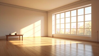 Fototapeta premium Sunlit empty room with large window, hardwood floors, and a small table holding two vases. Warm light streams in, casting shadows on the walls