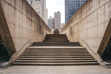 Fototapeta premium Raw concrete staircase in a Brutalist structure, leading up to a grand, open plaza 