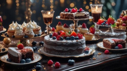 Assorted cakes and pastries with fresh berries