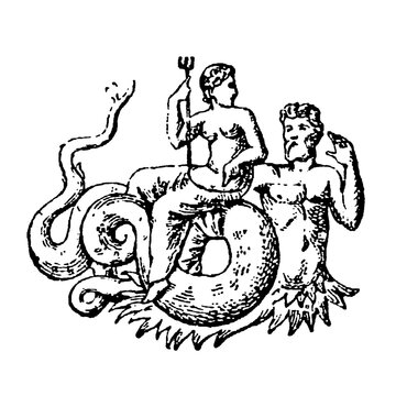 Amphitrite, the goddess of the sea, the queen of the sea, and her consort is Poseidon, old vintage illustration, 1897