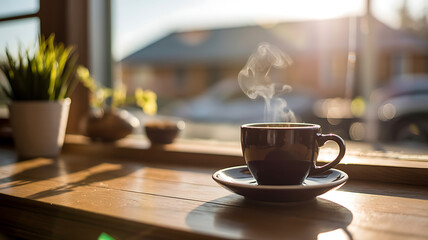 Steaming coffee cup awaits on wooden table in morning sunlight glow