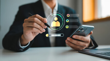 Businessman holding smartphone and stylus, interacting with digital user interface, technology, innovation, and data management concept, modern office background