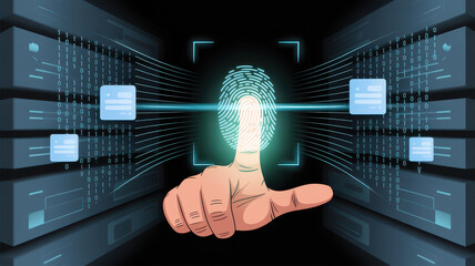 Fingerprint digital authentication biometric security data protection technology futuristic interface glowing blue cyber security access control identification innovation
