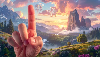 Finger pointing at a stunning mountain landscape