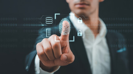 Businessman fingerprint scan digital security authentication biometric identification data protection technology innovation secure access futuristic interface confident expression