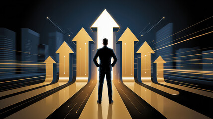 Businessman standing confidently in front of glowing upward arrows, symbolizing leadership, growth, ambition, and success in modern cityscape, with dynamic and motivational atmosphere