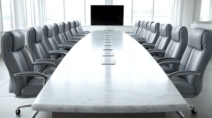 A long conference table with executive chairs faces a dark screen in a bright, modern room, suggesting a formal meeting or presentation space awaiting activity.