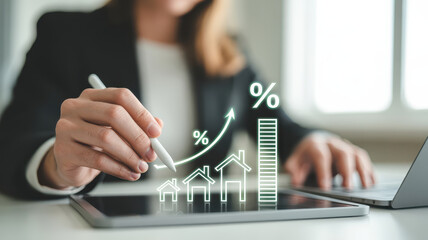 Businesswoman hand holding stylus drawing house icon, percentage, and growth chart on digital tablet, representing real estate investment, mortgage rate, and financial growth