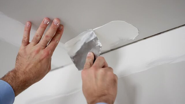 Close up shot of a worker skillfully applying plaster filler to a cracked drywall ceiling using a putty knife during a renovation project