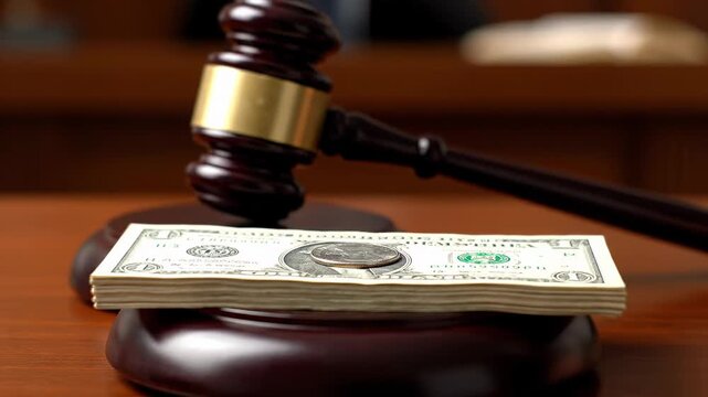 Close up of a hand placing a quarter on a stack of money resting on a sounding block. A wooden gavel sits on the desk in the background