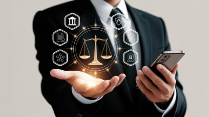 Businessman hand holding justice scale icon legal service concept law technology digital interface professional suit mobile phone modern office background confident expression