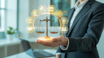 Businessperson holding digital scales of justice, surrounded by legal icons, symbolizing law, legal advice, and justice in modern office environment, with professional and confident mood