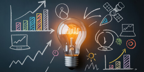 Light bulb business innovation creativity idea growth success graph chart strategy planning A glowing light bulb symbolizes creative business innovation surrounded by colorful chalk drawings