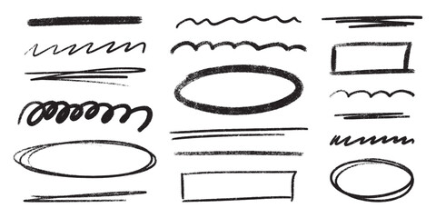 Black brush pencil underline marks with crayon stroke textures for highlighting and emphasis. Hand drawn lines of wavy and straight, circular shapes and rectangles for text decoration and annotation.