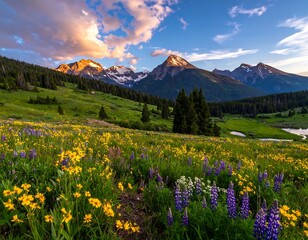 Mountain meadow at sunset