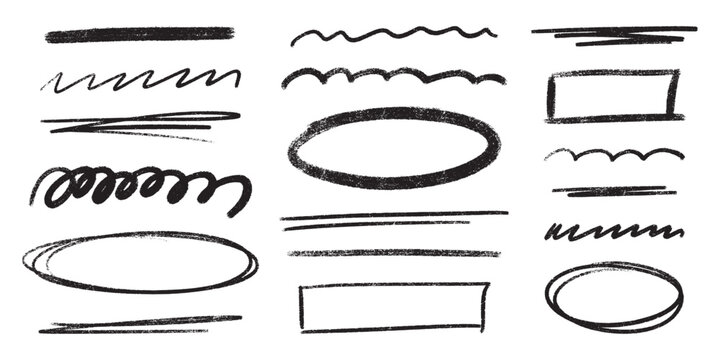 Black brush pencil underline marks with crayon stroke textures for highlighting and emphasis. Hand drawn lines of wavy and straight, circular shapes and rectangles for text decoration and annotation.