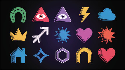 A set of 16 colorful chalk-style icons arranged in a 4x4 grid against a black background._traced