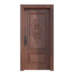 Elegant wooden door welcomes guests into a warm, inviting home space