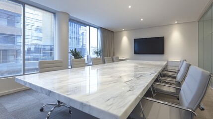 A bright, modern conference room features a large marble table and comfortable seating, suggesting a space for collaborative work and important discussions in a professional setting.