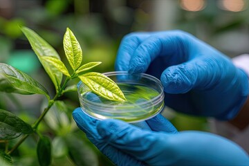Scientist examining a plant leaf in a petri dish.