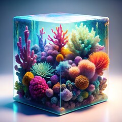 Vibrant coral reef ecosystem contained within a clear glass cube, showcasing diverse marine life and colors
