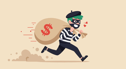 Cartoon thief character running with a money bag