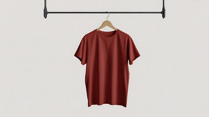 Trendy terracotta t-shirt hanging on wooden hanger for apparel mockup