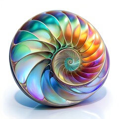 A crosssection of a nautilus shell with iridescent, rainbowcolored chambers, isolated on white background