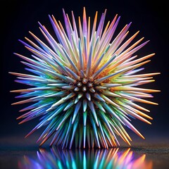 A striking, spiky, iridescent sphere resembling a sea urchin or starburst, with rainbow colors and sharp points, on a dark reflective surface