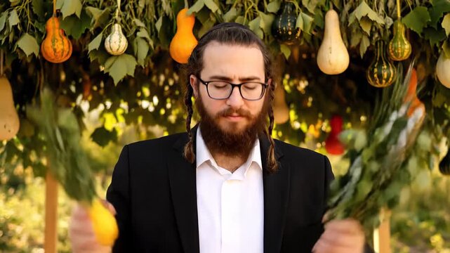 Devout Orthodox Jewish man is participating in the Sukkot tradition by shaking the lulav and etrog within a beautifully adorned sukkah to observe the religious holiday