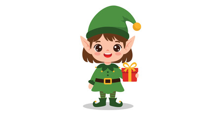 Cute cartoon Christmas elf girl holding a gift.