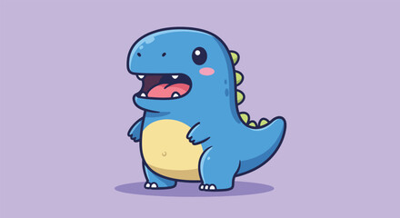 Cute Cartoon Blue Dinosaur Illustration on Purple.