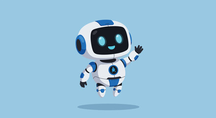 Cute friendly robot character waving hello.