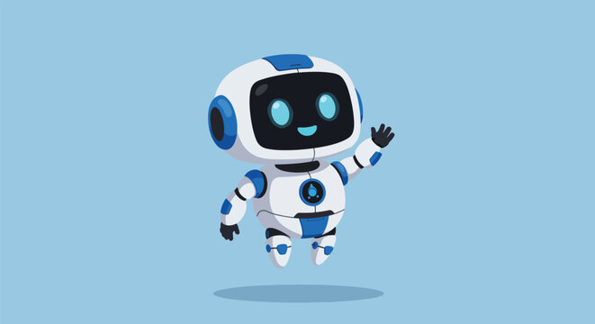 Cute friendly robot character waving hello.