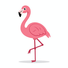 Cute pink flamingo cartoon standing on one leg.