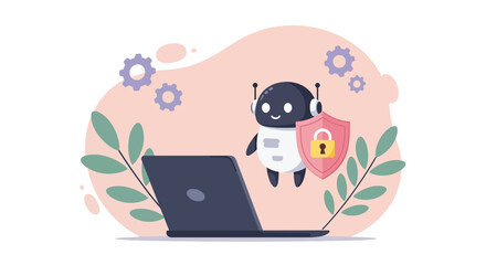 Cute Robot Protecting Laptop with Shield.