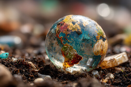 Earth globe dumped onto trash heap - global environmental pollution concept