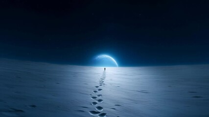 Solitary astronaut traverses desolate lunar terrain, leaving sequential footprints across stark surface. Ethereal planetary sphere emerges on distant horizon, casting dramatic illumination