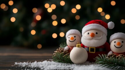 Festive Christmas Scene with Snowman and Santa Decoration on Wood with Blurry Lights