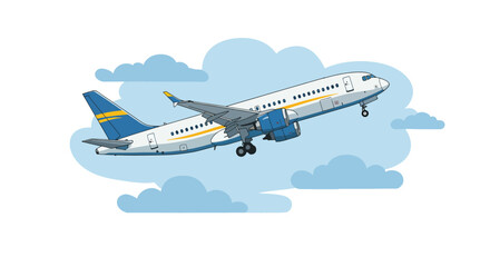 Passenger airplane flying through the blue sky with clouds.