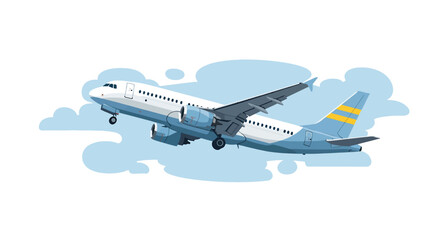 Passenger airplane taking off into the blue sky with clouds.